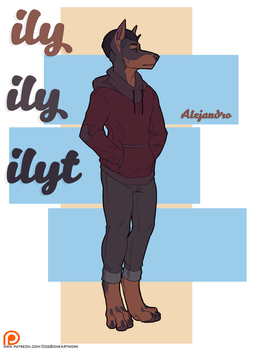 2017 4_toes anthro better_version_at_source canine clothed clothing conditional_dnp digital_drawing_(artwork) digital_media_(artwork) doberman dog dog-bone fur green_eyes hair hoodie male mammal simple_background solo standing text toes url
