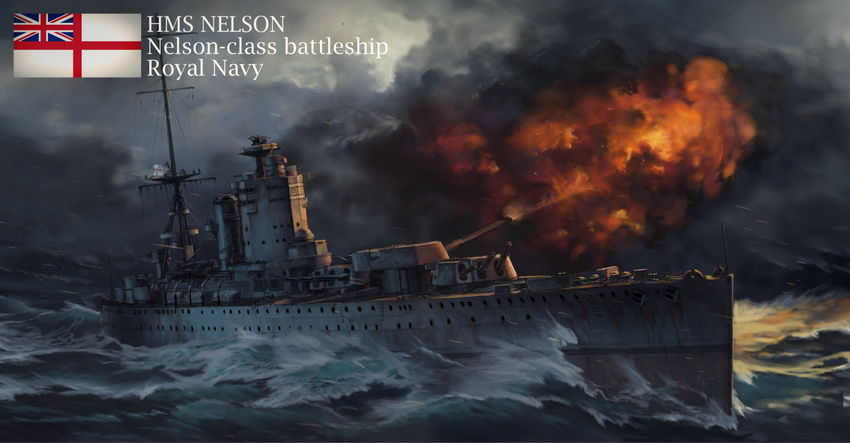 anchor battleship firing hms_nelson military military_vehicle no_humans ocean original royal_navy ship smokestack turret warship watercraft waves white_ensign