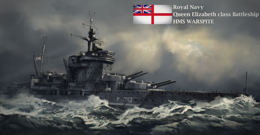 anchor battleship hms_warspite military military_vehicle no_humans ocean original royal_navy ship smokestack turret warship watercraft waves white_ensign