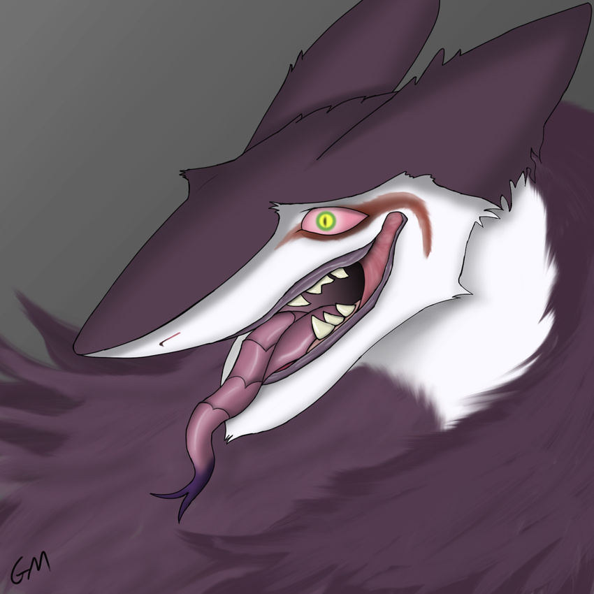 2017 ambiguous_gender english_text feral forked_tongue fur gamemaniac green_eyes grey_background hair headshot_portrait hi_res long_hair nude open_mouth pink_sclera portrait purple_fur purple_hair rain_silves sergal signature simple_background slit_pupils smile solo teeth text tongue tongue_out white_fur yellow_eyes