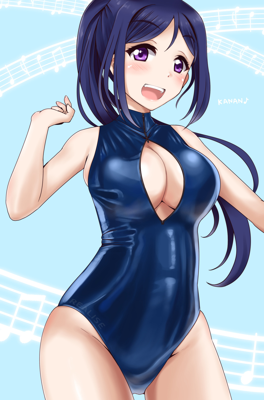 beamed_eighth_notes blue_hair blue_swimsuit breasts character_name cleavage cleavage_cutout cowboy_shot eighth_note front_zipper_swimsuit highres large_breasts long_hair love_live! love_live!_sunshine!! matsuura_kanan md5_mismatch meme_attire minase_(takaoka_nanase) musical_note one-piece_swimsuit open_mouth ponytail purple_eyes quarter_note shiny shiny_clothes solo swimsuit upper_teeth