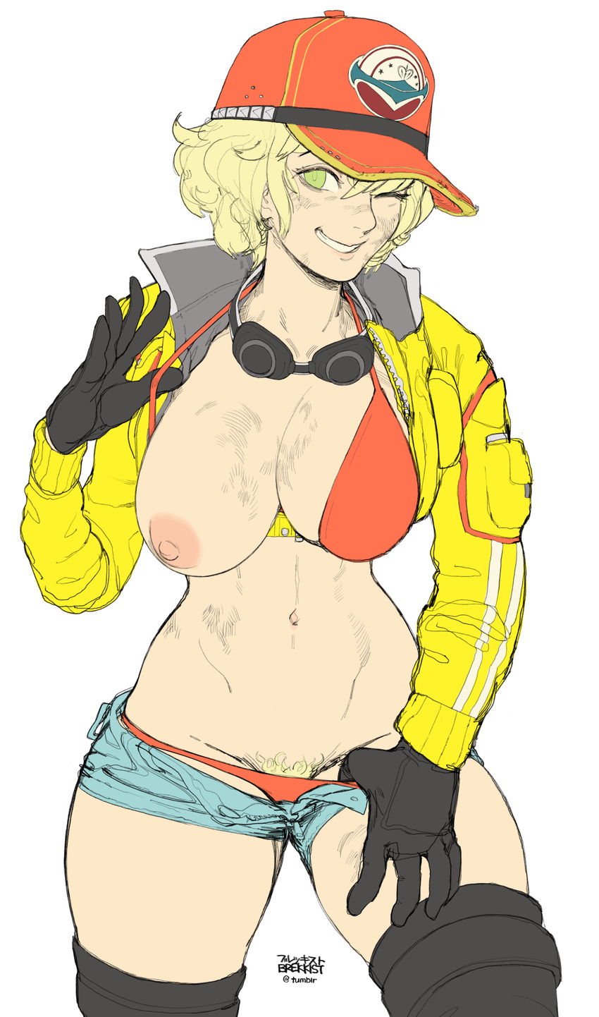 1girl ;d areolae baseball_cap black_gloves blonde_hair blonde_pubic_hair breasts brekkist cidney_aurum cropped_jacket dirty_face final_fantasy final_fantasy_xv gloves goggles goggles_around_neck green_eyes grin hat high_collar highres large_breasts looking_at_viewer midriff navel nipples one_breast_out one_eye_closed open_fly open_mouth panties pubic_hair pubic_hair_peek red_panties sagging_breasts short_hair short_shorts shorts smile solo textless thighhighs thong underwear unzipped