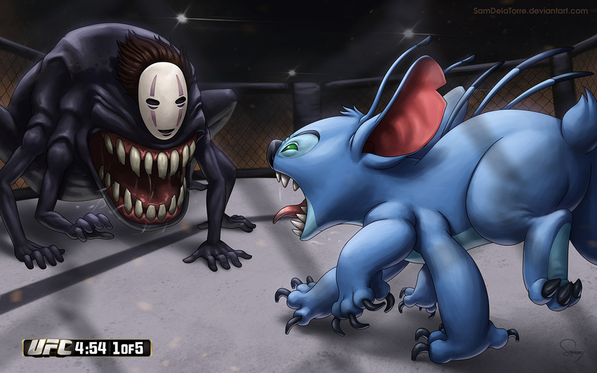 crossover disney highres kaonashi lilo_&amp;_stitch mask multiple_arms no_humans open_mouth saliva sam_delatore sen_to_chihiro_no_kamikakushi sharp_teeth stitch_(lilo_&amp;_stitch) teeth tongue tongue_out ultimate_fighting_championship