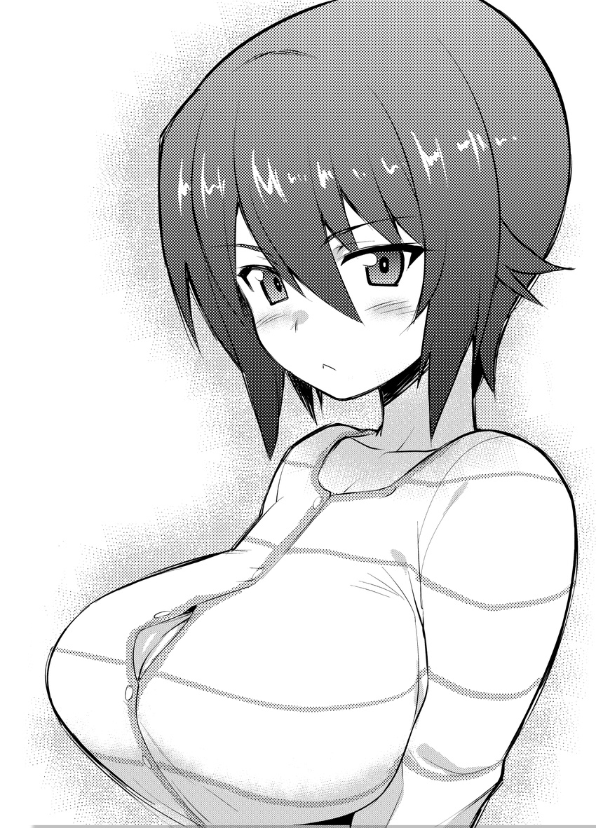 :&lt; bad_id bad_pixiv_id blush breasts cleavage collarbone frown girls_und_panzer greyscale highres impossible_clothes impossible_shirt large_breasts long_sleeves looking_at_viewer monochrome nishizumi_maho paizuri_invitation shiny shiny_hair shirt short_hair solo striped striped_shirt try unbuttoned upper_body