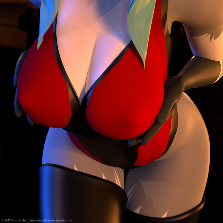 2017 3d_(artwork) anthro ashnar big_breasts black_fur breasts cleavage clothed clothing digital_media_(artwork) english_text female fur green_hair grey_fur hair hand_on_breast legwear long_hair mammal nipple_bulge raccoon sasha_(ashnar) solo text