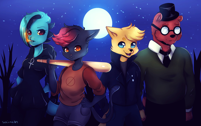 alligator angus_(nitw) baseball_bat bea_(nitw) bear canine cat crocodilian feline fox gregg_(nitw) mae_(nitw) mammal moon night night_in_the_woods outside reptile scalie septicmelon star