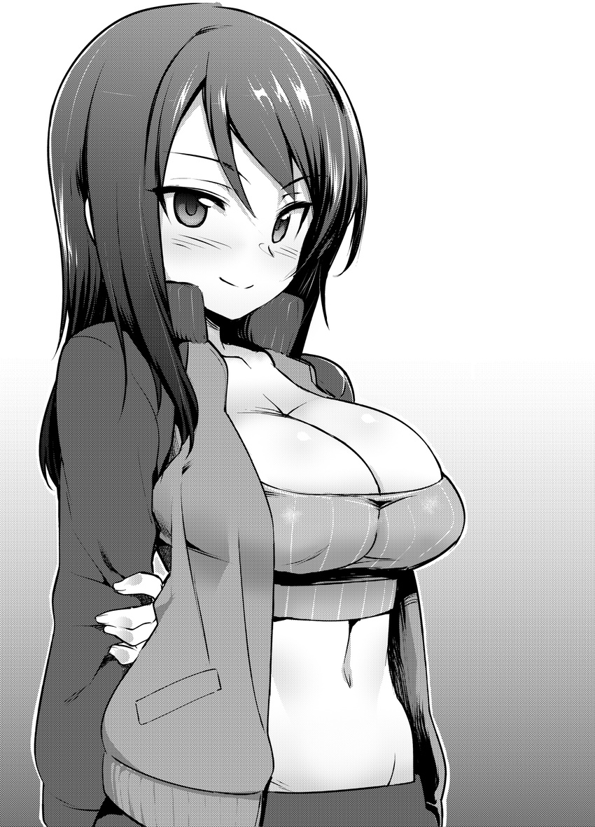 arm_behind_back bad_id bad_pixiv_id blush bra breasts cleavage closed_mouth girls_und_panzer greyscale groin highres holding_arm jacket keizoku_military_uniform large_breasts long_hair long_sleeves looking_at_viewer mika_(girls_und_panzer) military military_uniform monochrome navel open_clothes open_jacket raglan_sleeves shiny shiny_hair sidelocks skirt smile solo striped track_jacket try underwear uniform upper_body vertical-striped_bra vertical_stripes