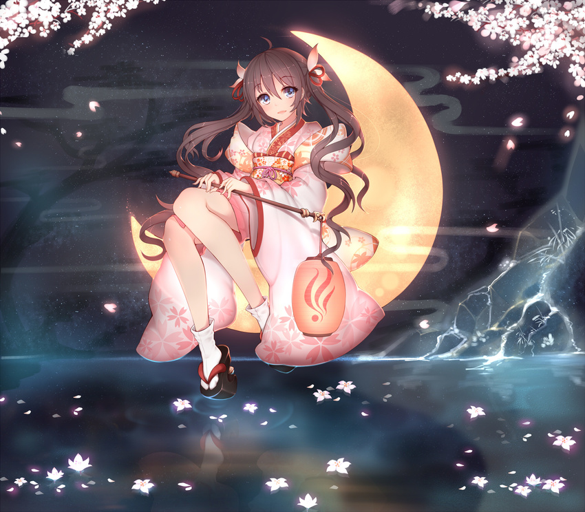 bangs black_hair blue_eyes crescent_moon eyebrows_visible_through_hair floating_hair floral_print flower foot_dangle full_body furisode hair_between_eyes hair_ribbon hanami_dango_(zzldango) highres holding japanese_clothes kimono lantern long_hair long_sleeves looking_at_viewer moon night obi original paper_lantern parted_lips pink_kimono red_ribbon reflection ribbon sash sitting sitting_on_moon smile socks solo twintails very_long_hair water white_flower white_legwear wide_sleeves