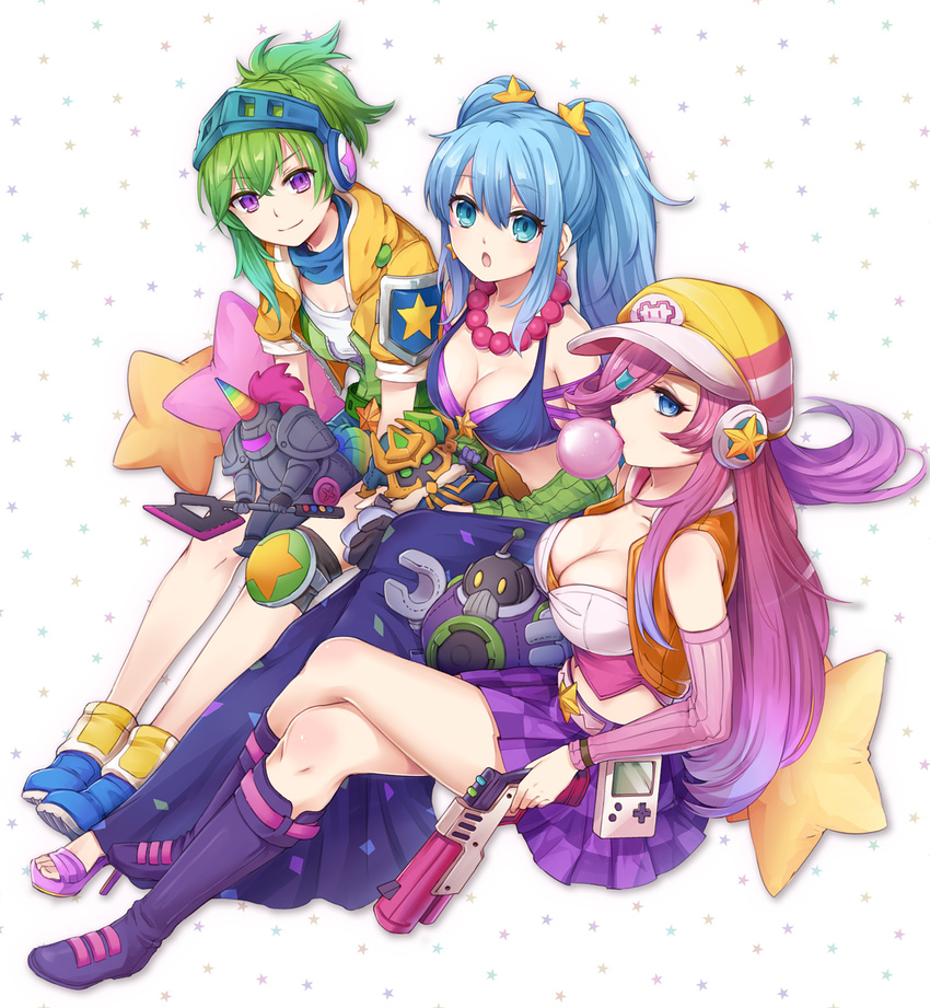 alternate_costume alternate_hair_color arcade_hecarim arcade_miss_fortune arcade_riven arcade_sona battle_boss_blitzcrank blitzcrank blue_eyes boots breasts bubble_blowing character_doll chewing_gum cleavage crossed_legs final_boss_veigar game_boy green_hair gun hair_ornament hair_over_one_eye handheld_game_console hat headphones hecarim high_heels highres horn jewelry knee_boots knee_pads konomoto_(knmtzzz) large_breasts league_of_legends long_hair looking_at_viewer medium_breasts multiple_girls necklace open_mouth ponytail purple_eyes purple_footwear riven_(league_of_legends) sarah_fortune sitting sona_buvelle staff star star_hair_ornament star_pillow twintails veigar weapon