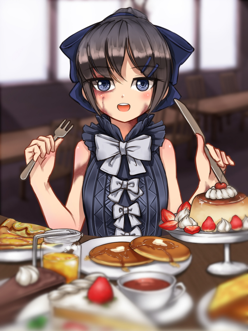 :d banluoli black_hair blue_bow blue_eyes blurry blurry_background bow bowtie burn_scar cake cherry chocolate_cake cup depth_of_field dessert dorei_to_no_seikatsu_~teaching_feeling~ eyebrows_visible_through_hair food fork fruit hair_bow hair_ornament hairclip happy heart heart_in_eye highres holding holding_fork holding_knife honey indoors knife large_bow looking_at_viewer open_mouth pancake pie plate ponytail pudding scar sleeveless smile solo strawberry strawberry_shortcake sweets sylvie_(dorei_to_no_seikatsu) symbol_in_eye table tea teacup toast whipped_cream