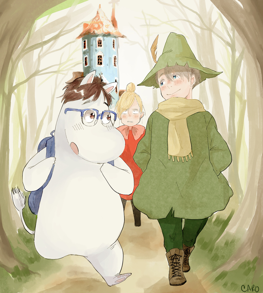 alternate_hair_color azebra-was-here backpack bag blonde_hair blue-framed_eyewear blue_eyes boots brown_eyes brown_hair castle cosplay cross-laced_footwear forest glasses hair_bun hands_in_pockets hat highres katsuki_yuuri lace-up_boots little_my little_my_(cosplay) male_focus moomin moomintroll multiple_boys nature scarf silver_hair snufkin snufkin_(cosplay) tree viktor_nikiforov walking yuri!!!_on_ice yuri_plisetsky