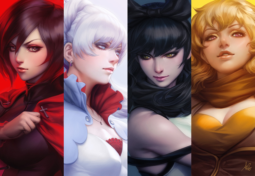 black_hair blake_belladonna blonde_hair breasts cleavage column_lineup looking_at_viewer looking_to_the_side multiple_girls parted_lips purple_eyes realistic red_hair revision ruby_rose rwby silver_hair small_breasts stanley_lau weiss_schnee yang_xiao_long yellow_eyes