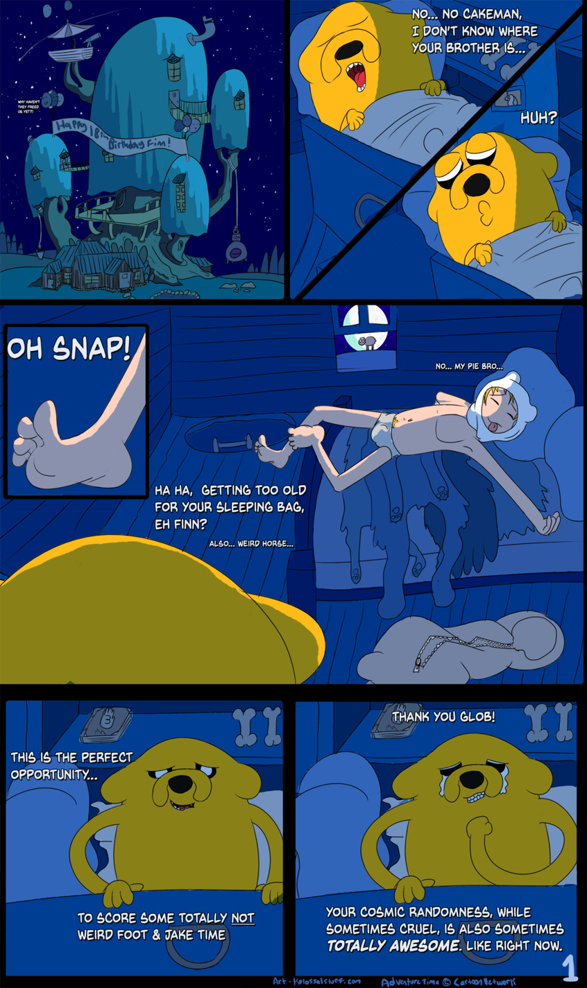 2015 4_toes adventure_time barefoot bed cartoon_network clothing comic dialogue duo english_text finn_the_human foot_focus jake_the_dog kolossal pillow pubes sleeping text toes underwear
