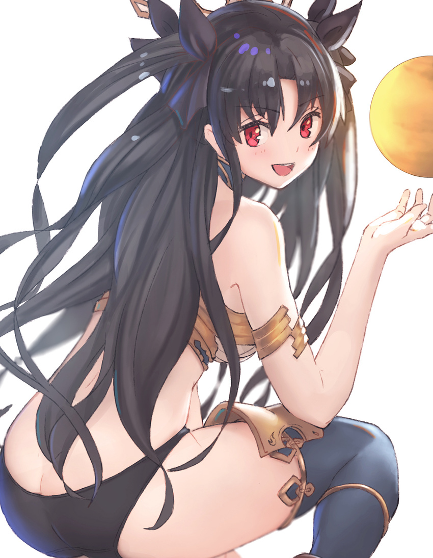 armlet asarokuji ass asymmetrical_legwear ball bare_shoulders black_hair black_panties blurry breasts butt_crack commentary_request depth_of_field fate/grand_order fate_(series) from_behind hair_ribbon highres ishtar_(fate/grand_order) jewelry long_hair looking_at_viewer looking_back medium_breasts neck_ring open_mouth panties red_eyes ribbon simple_background single_thighhigh sitting smile solo thighhighs two_side_up underwear white_background