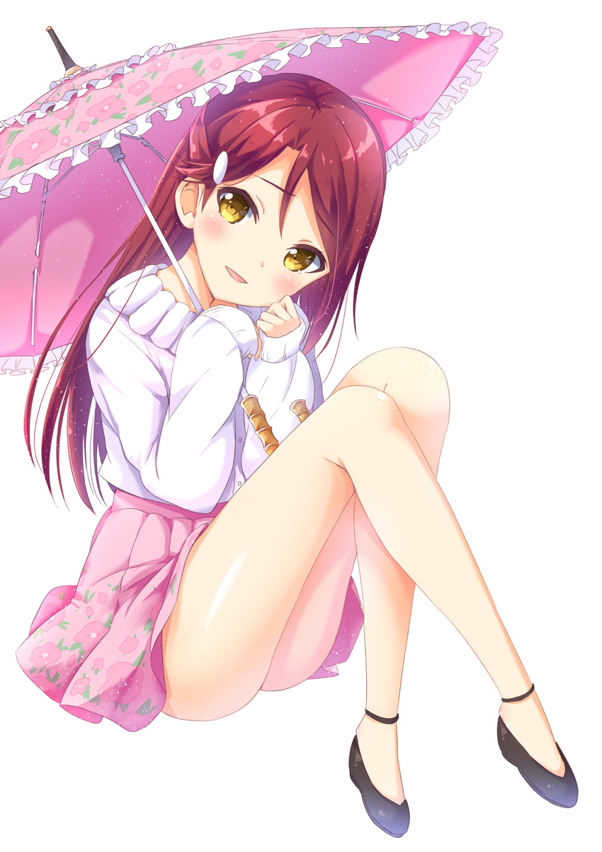 :d banned_artist brown_hair full_body hair_ornament head_tilt highres holding holding_umbrella long_hair looking_at_viewer love_live! love_live!_sunshine!! mirai_(macharge) open_mouth pink_skirt pink_umbrella pleated_skirt sakurauchi_riko shiny shiny_skin simple_background sitting skirt smile solo sweater umbrella white_background white_sweater yellow_eyes