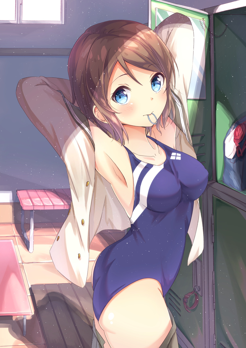 armpits arms_behind_head ass banned_artist blue_eyes blue_swimsuit breasts brown_hair collarbone competition_swimsuit covered_nipples dress_shirt eyebrows_visible_through_hair grey_skirt highres indoors locker locker_room looking_at_viewer love_live! love_live!_sunshine!! medium_breasts mirai_(macharge) one-piece_swimsuit open_clothes open_shirt open_skirt pleated_skirt shirt short_hair skirt skirt_pull solo swimsuit watanabe_you white_shirt