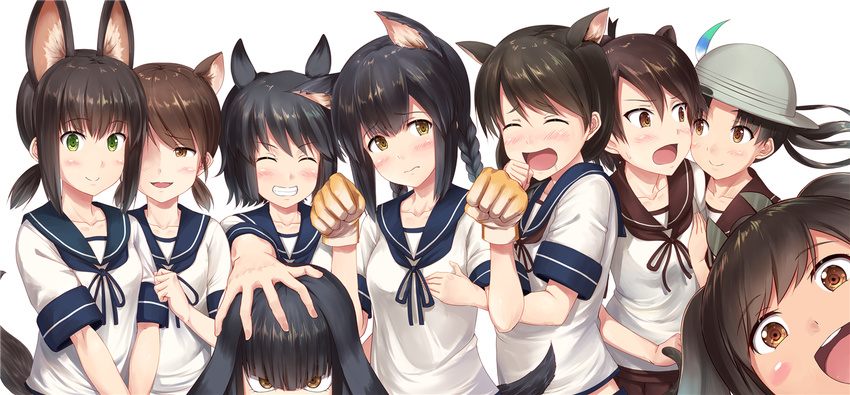 alternate_hairstyle animal_ears arm_grab ayanami_(kantai_collection) black_hair blush breasts brown_eyes brown_hair commentary_request cosplay frown fubuki_(kantai_collection) gloves green_eyes grin hair_between_eyes hand_on_another's_head hat hat_feather hatsuyuki_(kantai_collection) helmet hug i-401_(kantai_collection) ichikawa_feesu isonami_(kantai_collection) kaban_(kemono_friends) kaban_(kemono_friends)_(cosplay) kantai_collection kemono_friends kemonomimi_mode kotori_photobomb long_hair looking_at_another looking_at_viewer miyuki_(kantai_collection) multiple_girls open_mouth parody paw_gloves paw_pose paws photobomb pith_helmet sailor_collar school_uniform serval_ears shikinami_(kantai_collection) shirayuki_(kantai_collection) short_hair short_sleeves short_twintails small_breasts smile twintails upper_body uranami_(kantai_collection) yellow_eyes
