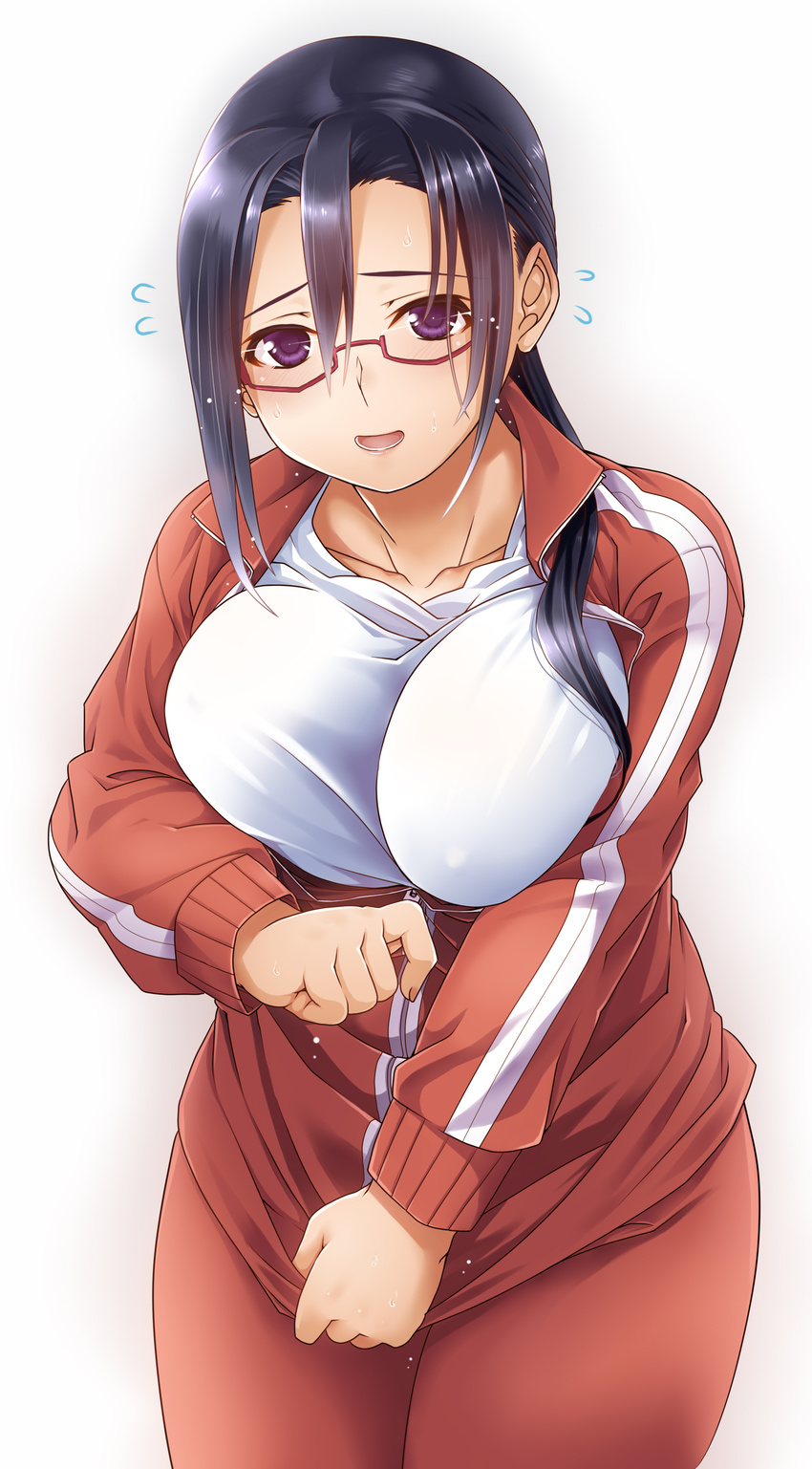 :d absurdres black_eyes black_hair breasts chi_gura-ya collarbone cowboy_shot demi-chan_wa_kataritai embarrassed flying_sweatdrops glasses hair_over_shoulder highres inconvenient_breasts jacket large_breasts open_mouth ponytail red-framed_eyewear satou_sakie semi-rimless_eyewear shirt smile solo sweat track_jacket track_suit under-rim_eyewear white_shirt zipper zipping