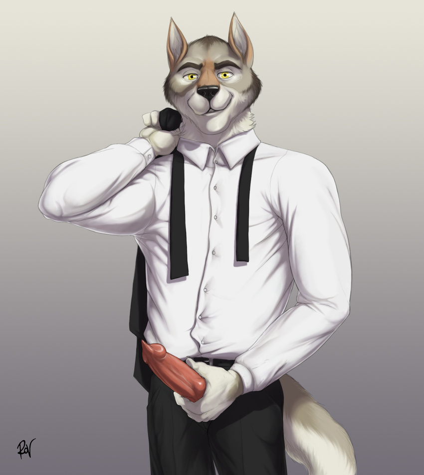 animal_genitalia animal_penis bedroom_eyes canine canine_penis clothed clothing erection grin half-closed_eyes holding_penis knot looking_at_viewer male mammal necktie penis poking_out rov seductive simple_background smile solo suit timber_wolf wolf