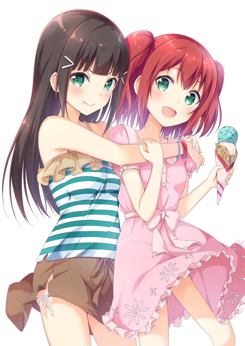 :d bad_id bad_pixiv_id banned_artist black_hair blush brown_skirt collarbone dress food frilled_dress frills green_eyes hair_ornament highres holding hug hug_from_behind ice_cream kurosawa_dia kurosawa_ruby long_hair looking_at_viewer love_live! love_live!_sunshine!! mirai_(macharge) mole mole_under_mouth multiple_girls open_mouth pink_dress red_hair shirt short_dress short_hair short_sleeves siblings simple_background sisters skirt sleeveless sleeveless_shirt smile striped striped_shirt twintails white_background