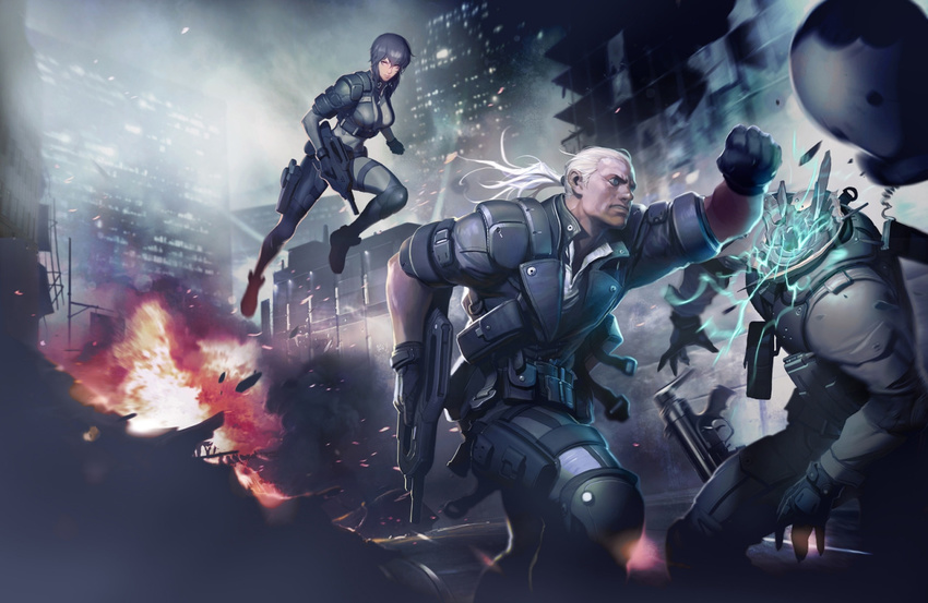1girl 2boys bangs batou bob_cut body_armor bodysuit brown_hair cropped_jacket cyborg explosion fingerless_gloves ghost_in_the_shell ghost_in_the_shell_stand_alone_complex gloves gun knee_pads kusanagi_motoko maroon_eyes multiple_boys ponytail punching purple_hair short_hair short_hair_with_long_locks trio weapon