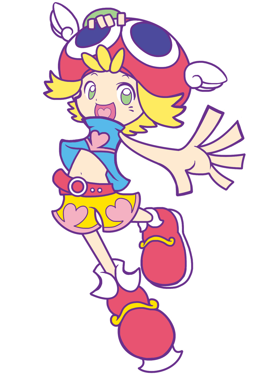 1girl amitie amitie_(puyopuyo) blonde_hair bracelet green_eyes navel official_style open_mouth puyopuyo puyopuyo_fever red_hat short_hair shorts smile wings