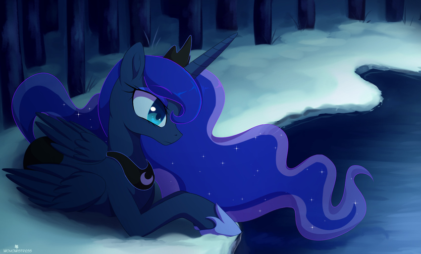 2017 blue_eyes blue_feathers blue_hair equine eyelashes feathered_wings feathers female feral forest friendship_is_magic hair horn lake long_hair mammal momomistress my_little_pony princess_luna_(mlp) snow solo tree water winged_unicorn wings