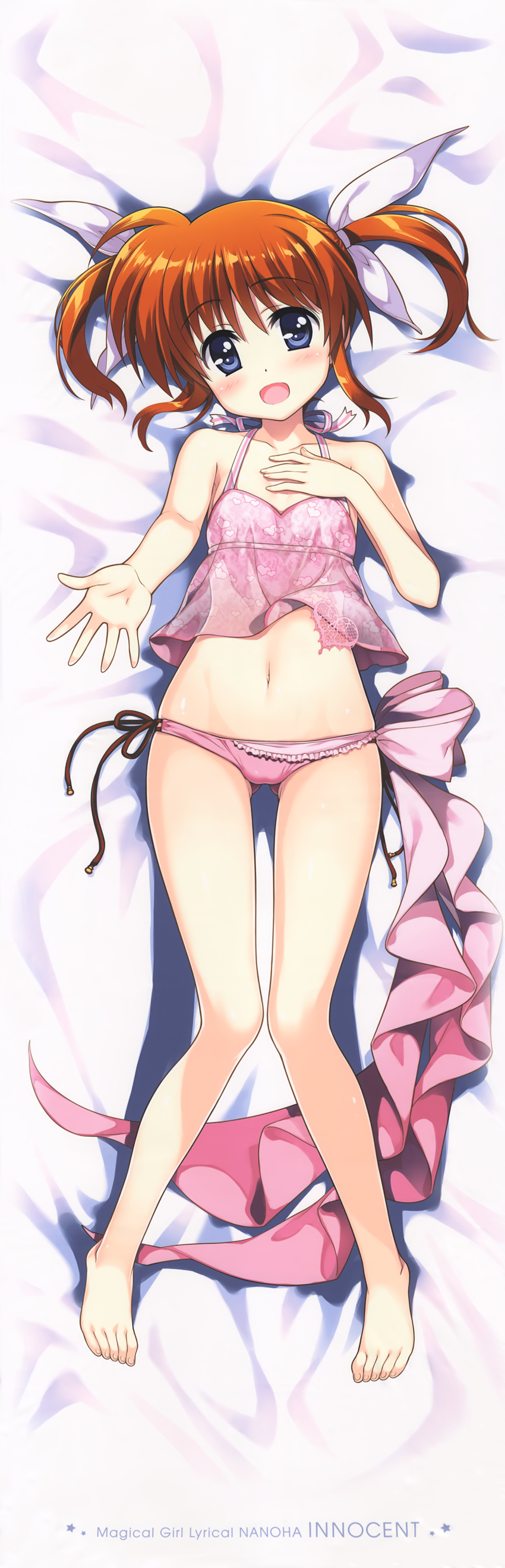 absurdres ass_visible_through_thighs bare_arms bare_legs bare_shoulders bed_sheet bikini bikini_bottom blue_eyes blush bow breasts cameltoe dakimakura feet from_above fujima_takuya full_body hair_ribbon highres huge_filesize looking_at_viewer lyrical_nanoha mahou_shoujo_lyrical_nanoha navel official_art open_mouth orange_hair outstretched_arm ribbon scan side-tie_bikini small_breasts swimsuit takamachi_nanoha twintails