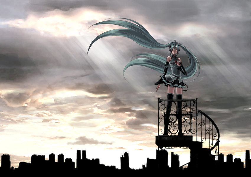 artist_request cityscape cloud detached_sleeves hatsune_miku highres legs long_hair nail_polish necktie skirt solo thighhighs twintails very_long_hair vocaloid