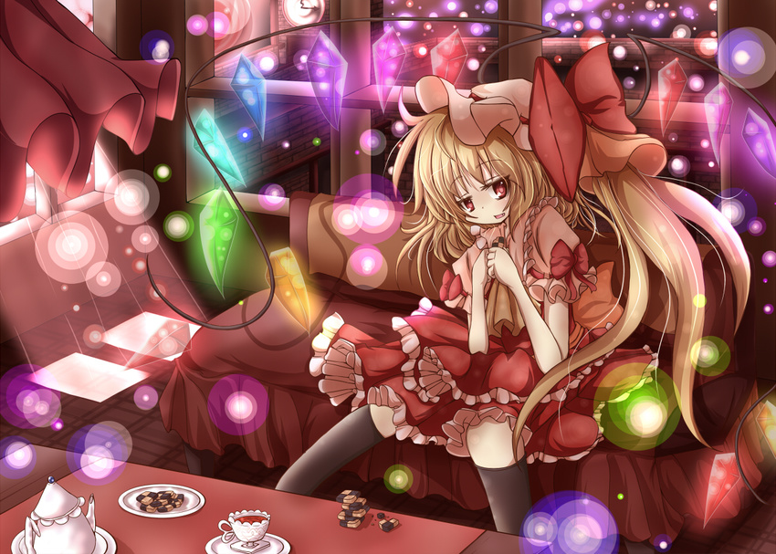 black_tea blonde_hair blurry bokeh checkerboard_cookie cookie depth_of_field flandre_scarlet food haru_ion hat long_hair plate ponytail red_eyes side_ponytail solo table tea teapot touhou wings