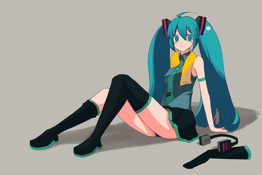 :3 artist_request boots detached_sleeves hatsune_miku headset highres long_hair necktie skirt solo thigh_boots thighhighs twintails very_long_hair vocaloid
