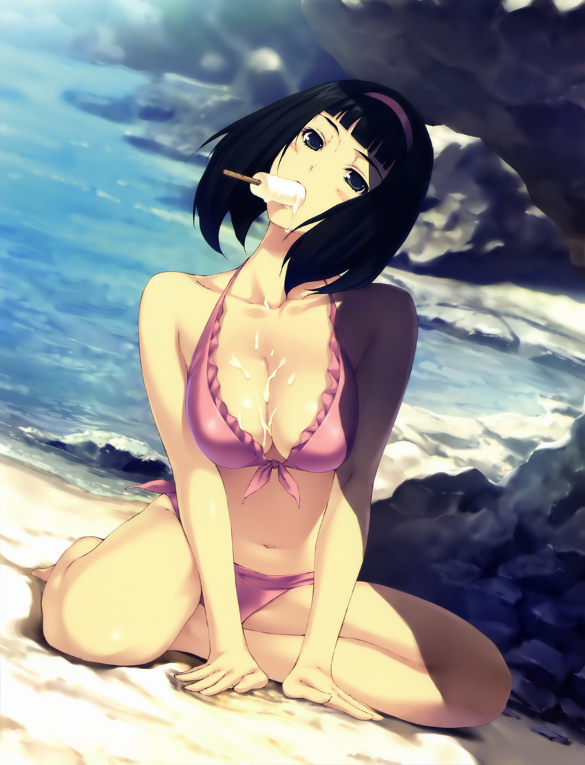 absurdres arm_support beach bikini bikini_top black_eyes black_hair bob_cut breasts caucasus cleavage collarbone day food frilled_bikini frills front-tie_top hairband head_tilt highres hiyama_akane large_breasts looking_at_viewer mouth_hold navel popsicle sexually_suggestive short_hair side-tie_bikini solo sugina_miki swimsuit