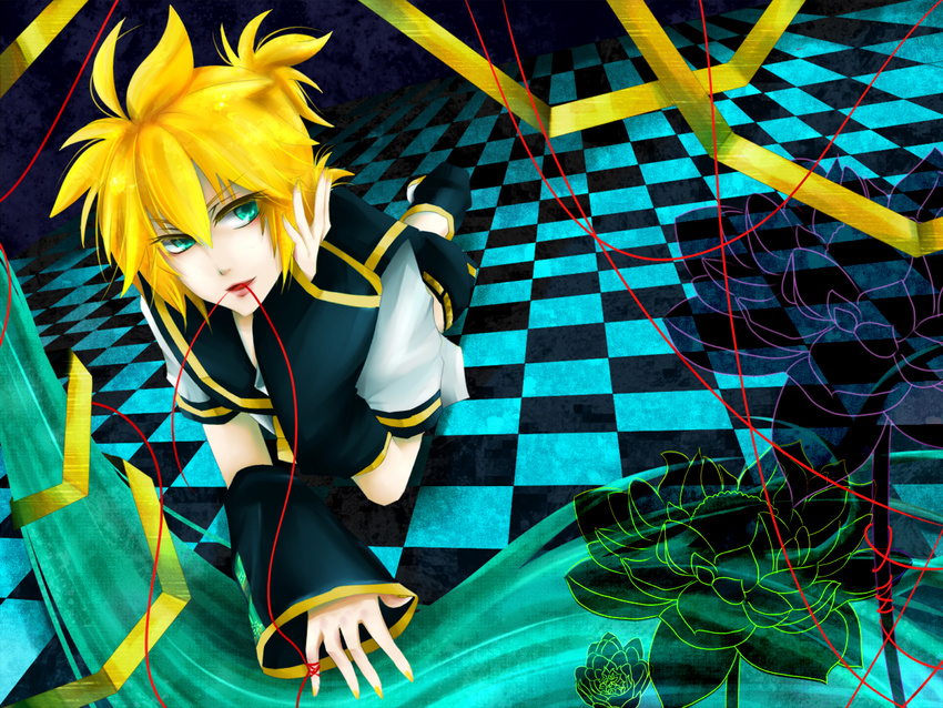 detached_sleeves flower kagamine_len male_focus nail_polish red_string shorts solo string vocaloid