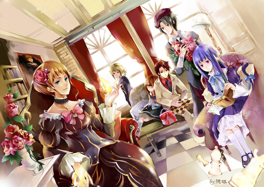 4girls bad_id bad_pixiv_id beatrice blonde_hair blue_hair board_game bow bowtie brown_hair chess detal dress formal frederica_bernkastel kanon_(umineko) multiple_boys multiple_girls necktie pink_bow ponytail red_hair ribbon suit tail umineko_no_naku_koro_ni ushiromiya_battler ushiromiya_jessica ushiromiya_maria