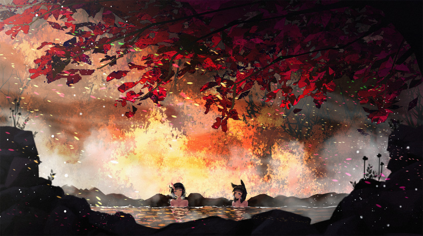 2girls animal_ears autumn black_hair blue_eyes breasts cleavage demon horns onsen original pink_eyes short_hair someya_mai water wink