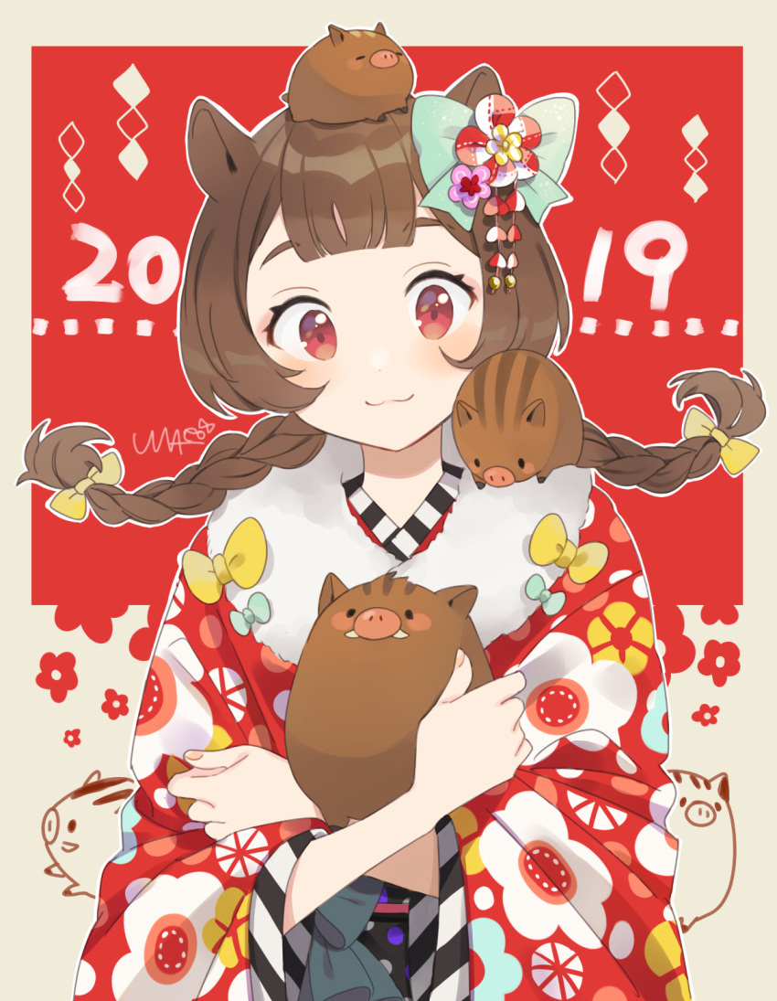 1girl 2019 :3 animal animal_on_head animal_on_shoulder aqua_bow artist_name bangs blunt_bangs blush boar bow braid brown_hair chinese_zodiac commentary_request floral_print flower fur-trimmed_kimono fur_trim hair_bow hair_flower hair_ornament highres holding holding_animal japanese_clothes kanzashi kimono long_hair long_sleeves looking_at_viewer new_year obi on_head original outline red_eyes red_kimono sash signature solo twin_braids unapoppo upper_body white_outline white_sleeves wide_sleeves year_of_the_pig yellow_bow