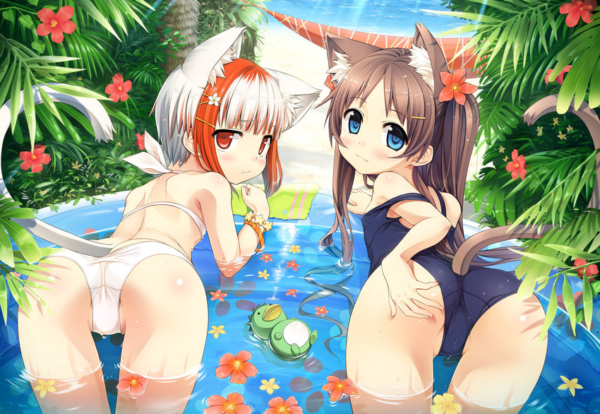 3: :3 absurdres animal_ears ass bangs bare_shoulders beach bent_over bikini blue_eyes blue_swimsuit blunt_bangs blush bracelet cat_ears cat_girl cat_tail cura day embarrassed eyebrows_visible_through_hair flat_chest flower foliage from_behind hair_flower hair_ornament hairclip hand_on_own_ass highres jewelry kemonomimi_mode leaf leaning_forward long_hair looking_at_viewer looking_back monobeno multicolored_hair multiple_girls ocean one-piece_swimsuit outdoors palm_tree partially_visible_vulva plant pout presenting red_hair ripples sawai_natsuha school_swimsuit shoulder_blades smile strap_slip streaked_hair sumi_(monobeno) swimsuit tail take thigh_gap towel tree twintails two-tone_hair wading wading_pool water water_drop white_bikini white_hair