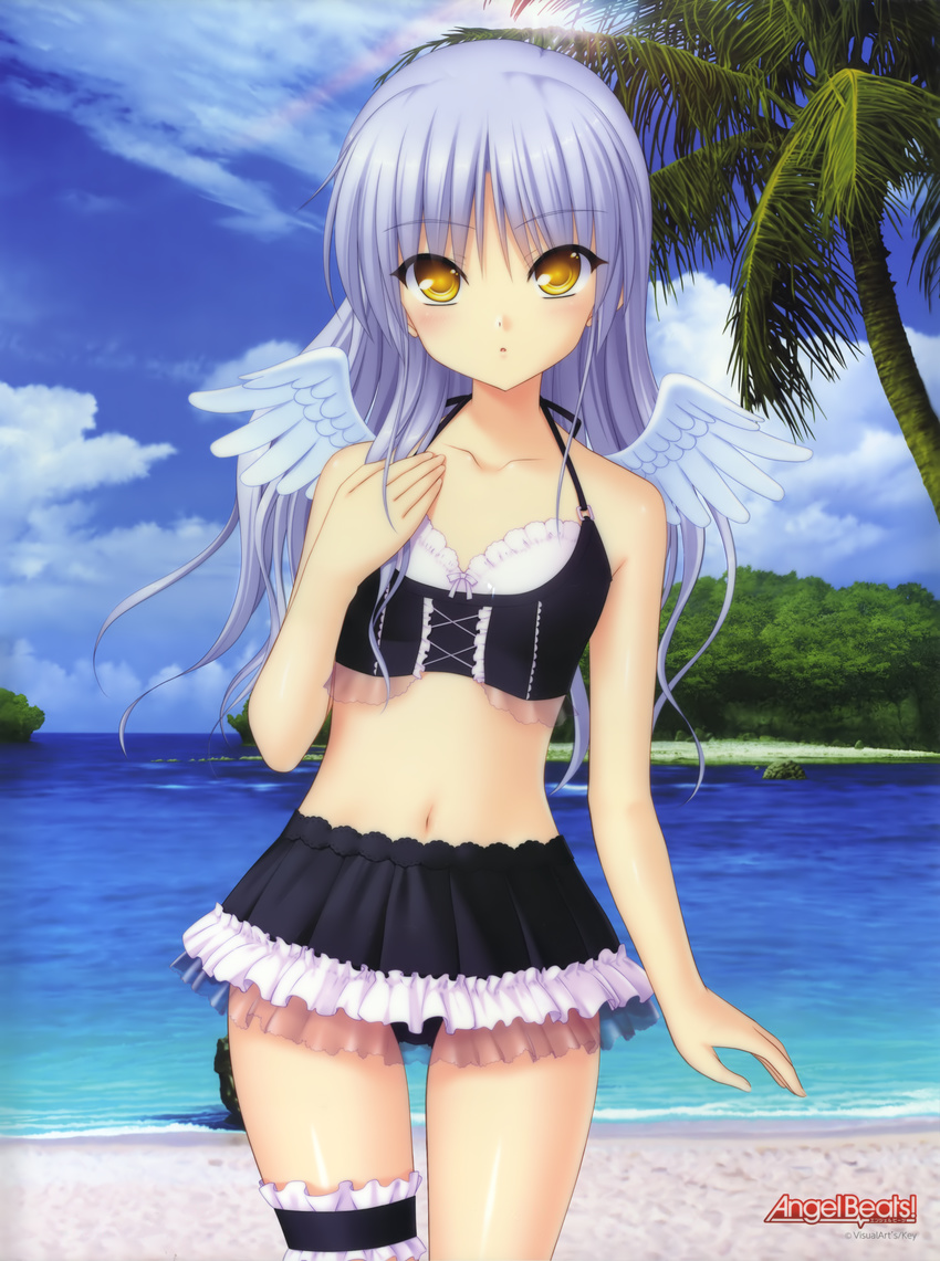 :o absurdres alternate_costume angel_beats! angel_wings arm_at_side bangs bare_arms bare_shoulders beach bikini black_bikini blue_sky bow bow_bikini cloud cloudy_sky collarbone copyright_name cowboy_shot day eyebrows_visible_through_hair flat_chest forest frilled_bikini frills hand_on_own_chest hand_up highres huge_filesize island key_(company) lavender_bow lavender_hair legs_apart lens_flare long_hair midriff na-ga nature navel ocean open_mouth outdoors palm_tree short_wings silver_hair sky solo standing swimsuit tenshi_(angel_beats!) tree water white_wings wings yellow_eyes