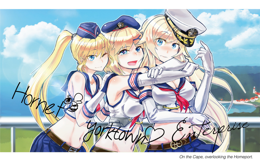 absurdres blonde_hair blue_eyes blue_skirt breasts cleavage elbow_gloves enterprise_(zhan_jian_shao_nyu) gloves hair_ornament hat highres hornet_(zhan_jian_shao_nyu) large_breasts long_hair medium_breasts midriff multiple_girls navel one_eye_closed peaked_cap ponytail richard_rii short_hair skirt sleeveless smile white_gloves yorktown_(zhan_jian_shao_nyu) zhan_jian_shao_nyu