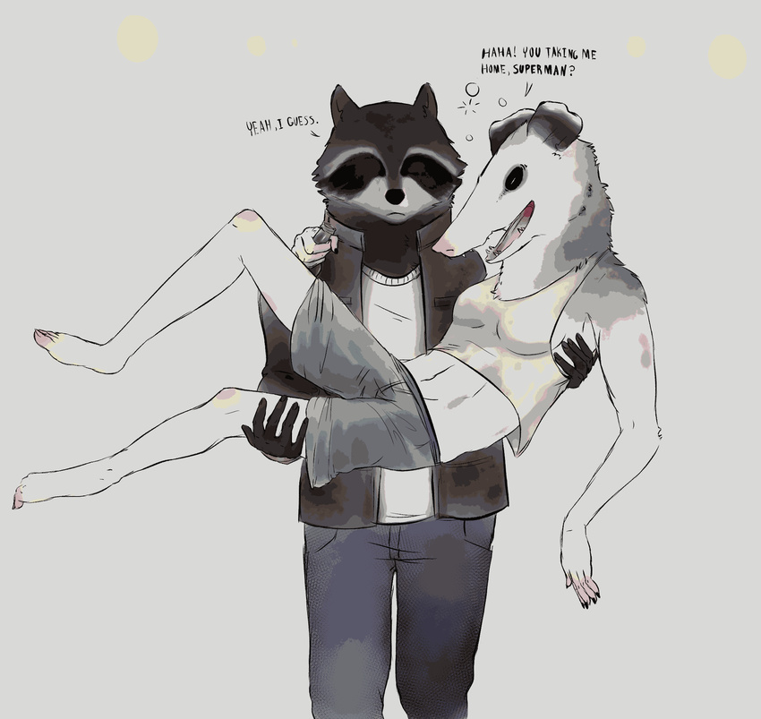 anthro bennett_(habits) breasts bridal_carry clementine_(habits) clothing drunk flat_chested habits jacket mammal marsupial opossum pussy raccoon underwear