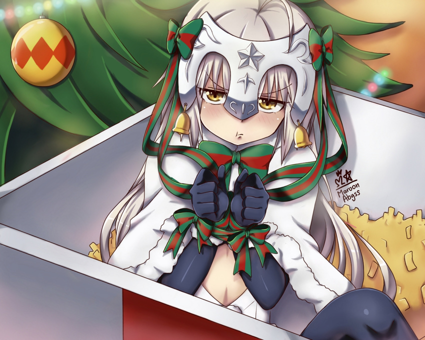 ahoge bangs bell black_gloves black_legwear bound bound_wrists bow capelet christmas_tree dress fate/grand_order fate_(series) gloves green_bow green_ribbon hair_bow hair_ribbon headpiece jeanne_d'arc_(fate)_(all) jeanne_d'arc_alter_santa_lily long_hair maroonabyss ribbon sitting solo striped striped_bow striped_ribbon tied_up white_dress white_hair yellow_eyes