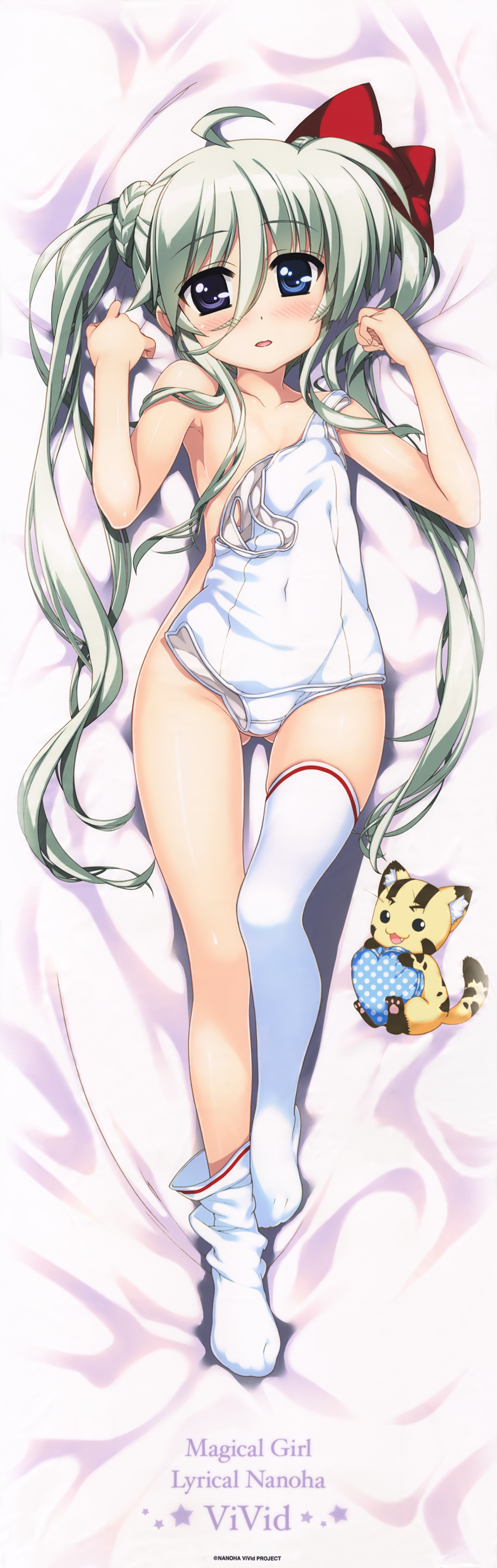 absurdres ass_visible_through_thighs asteion asymmetrical_legwear bed_sheet blue_eyes blush clothes_in_front convenient_censoring covering dakimakura einhart_stratos eyebrows_visible_through_hair from_above fujima_takuya full_body green_hair hair_censor heterochromia highres huge_filesize long_hair looking_at_viewer lying lyrical_nanoha mahou_shoujo_lyrical_nanoha_vivid no_pussy nude_cover official_art on_back one-piece_swimsuit open_mouth purple_eyes ribbon scan school_swimsuit shiny shiny_hair shiny_skin solo swimsuit swimsuit_removed thighhighs twintails white_legwear white_school_swimsuit white_swimsuit