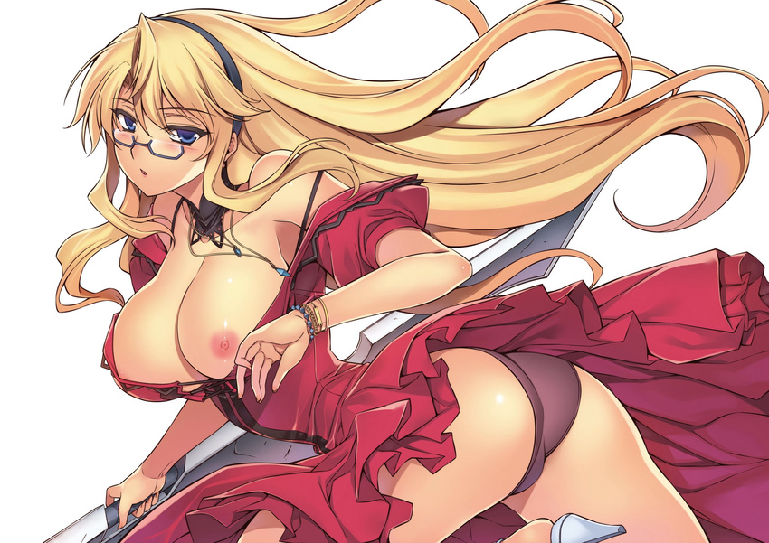 areolae ass bangs bare_shoulders black_hairband blonde_hair blue_eyes blush bracelet breasts cleavage collarbone cowboy_shot detached_sleeves dress freezing frilled_skirt frills from_side glasses hair_between_eyes hairband high_heels highres holding holding_weapon jewelry kim_kwang_hyun large_breasts long_hair looking_at_viewer necklace nipple_slip nipples off_shoulder one_breast_out open_mouth panties pantyshot parted_lips purple_panties red_dress satellizer_el_bridget semi-rimless_eyewear shoes short_sleeves simple_background skirt solo strap_slip sword twisted_torso under-rim_eyewear underwear very_long_hair weapon white_background white_footwear