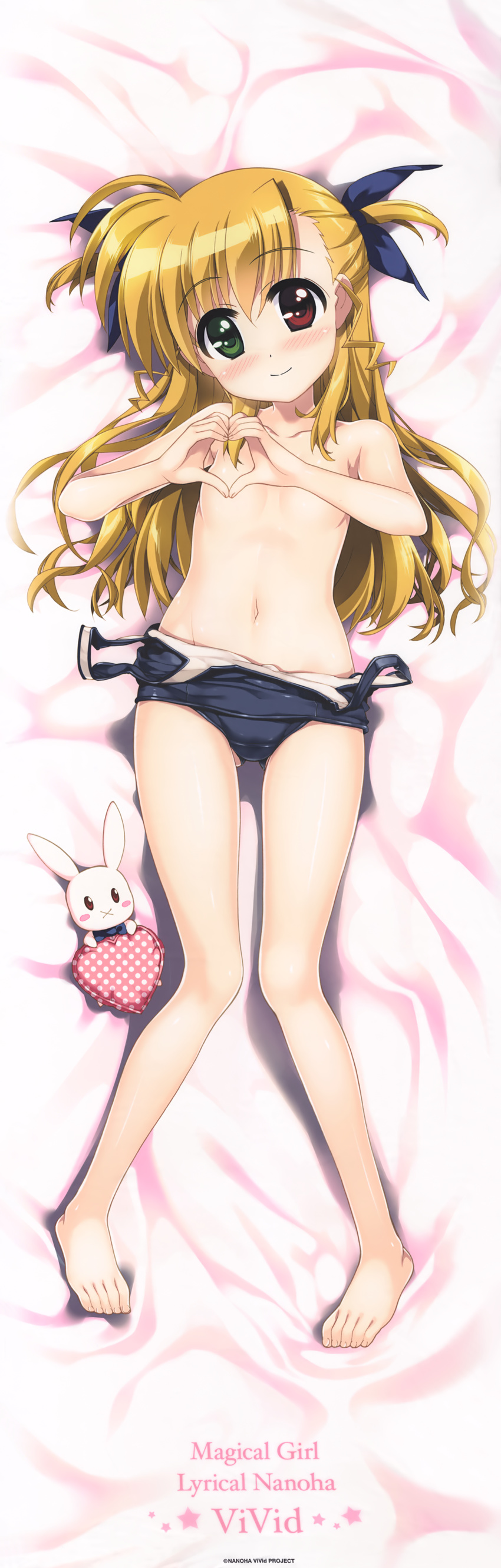 absurdres ass_visible_through_thighs bed_sheet blonde_hair blush bunny closed_mouth convenient_arm convenient_censoring dakimakura flat_chest fujima_takuya full_body green_eyes hair_ribbon heart heart_hands heterochromia highres huge_filesize long_hair looking_at_viewer lying lyrical_nanoha mahou_shoujo_lyrical_nanoha_vivid navel official_art on_back one-piece_swimsuit red_eyes ribbon sacred_heart scan school_swimsuit shiny shiny_hair side_ponytail smile solo swimsuit swimsuit_pull topless vivio