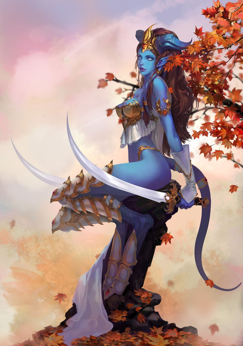 blizzard blue_skin draenei fall female hooves horn humanoid leaves melee_weapon point_ears solo sword video_games warcraft weapon