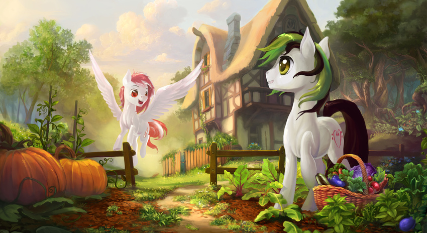 anthro black_hair cutie_mark day detailed_background devinian duo equine fan_character feathered_wings feathers female food fruit grass green_hair hair male mammal my_little_pony outside pegasus pumpkin red_eyes smile standing white_feathers wings yellow_eyes