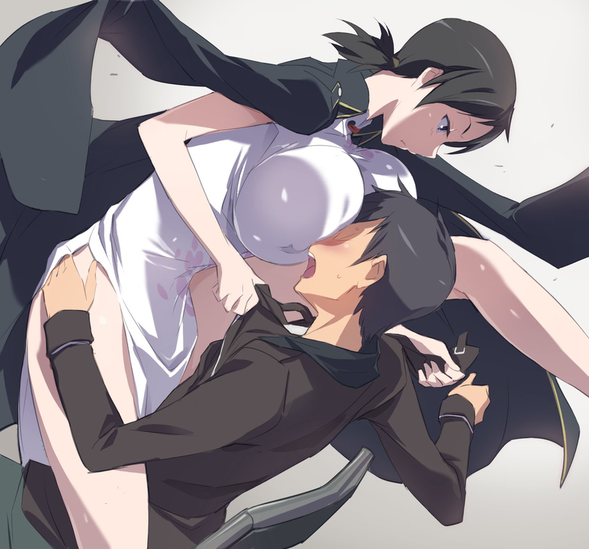 1girl akira_(coffee_curry) assertive black_hair blue_eyes blush breast_smother breasts china_dress chinese_clothes commentary_request devil_survivor_2 dress from_side grey_eyes highres jacket_on_shoulders kanno_fumi large_breasts megami_ibunroku_devil_survivor pelvic_curtain revision short_hair short_twintails sleeveless sleeveless_dress twintails