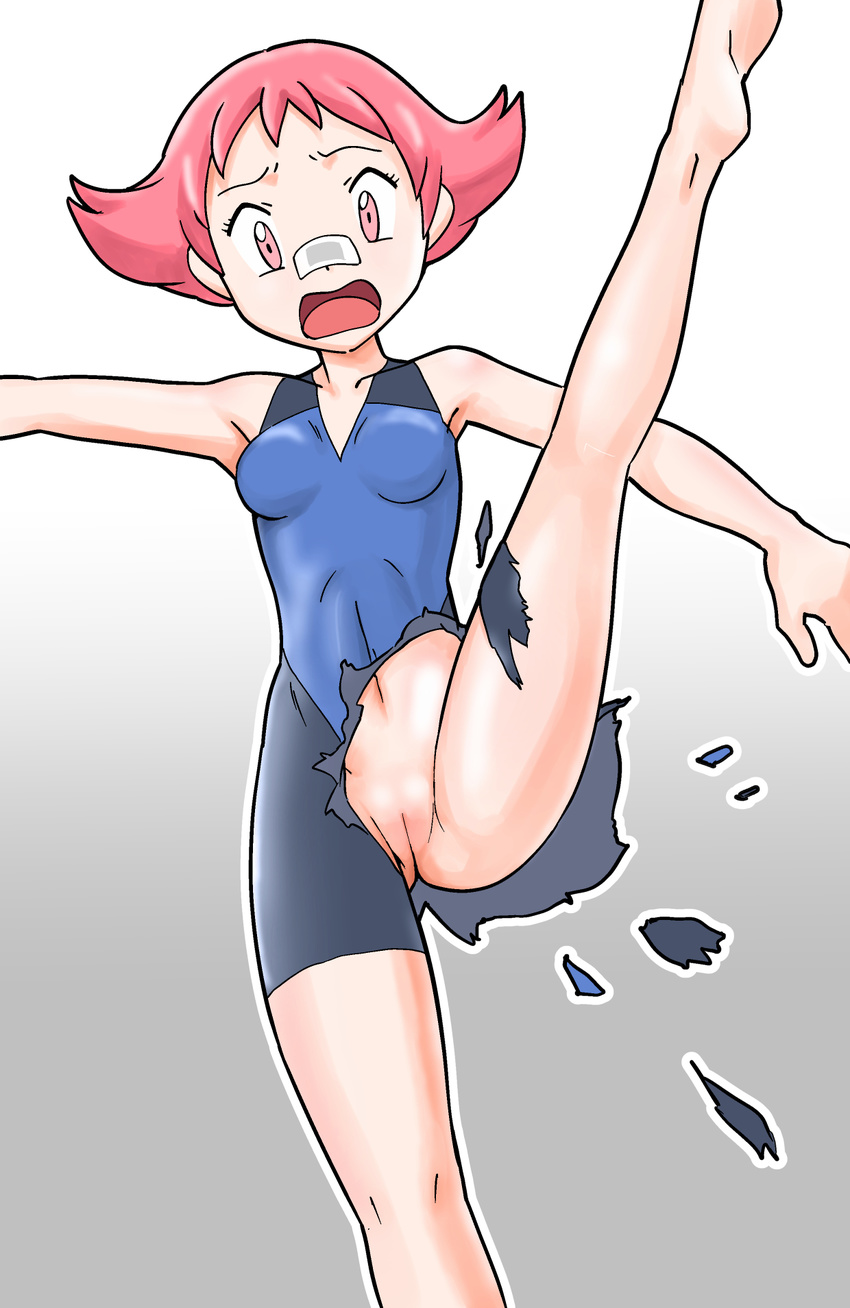 1girl antiair bandaid bandaid_on_nose barefoot breasts feet female flipped_hair gradient gradient_background grey_background gym_leader high_kick kicking leg_lift open_mouth pink_eyes pink_hair pokemon pokemon_(game) pokemon_dppt pussy short_hair small_breasts soles solo standing sumomo_(pokemon) surprised torn_clothes uncensored unitard white_background