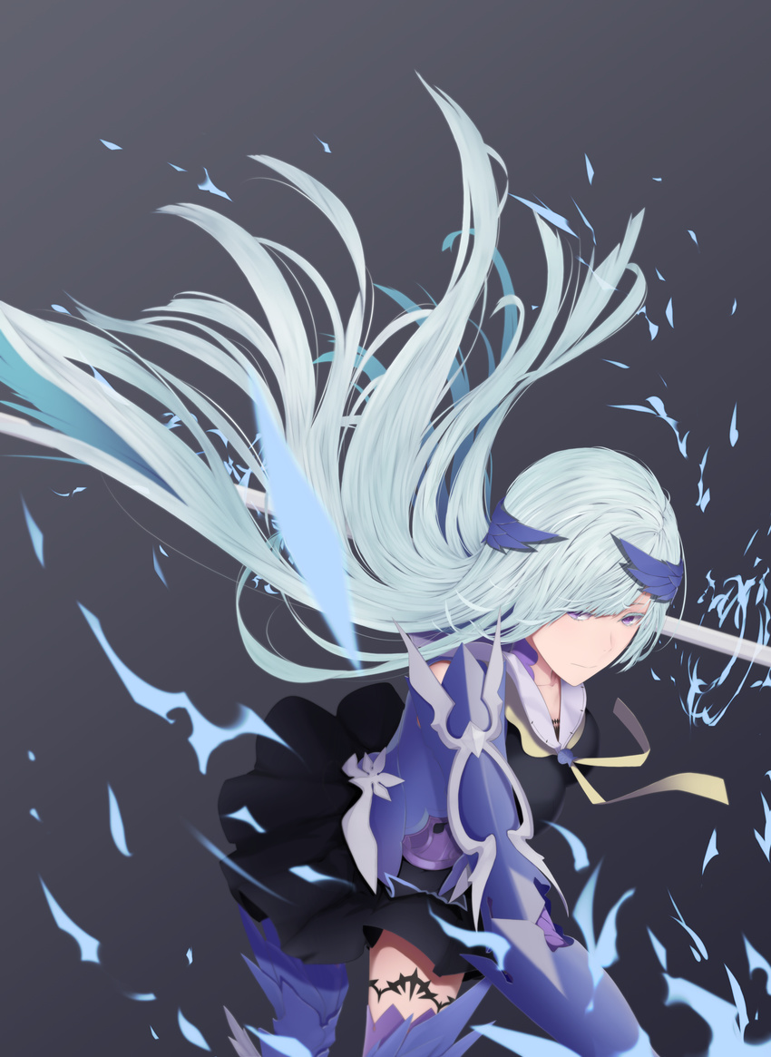armor breasts brynhildr_(fate) fate/prototype fate/prototype:_fragments_of_blue_and_silver fate_(series) highres long_hair looking_at_viewer medium_breasts polearm purple_eyes silver_hair solo spear suguru_(a129214673) very_long_hair weapon