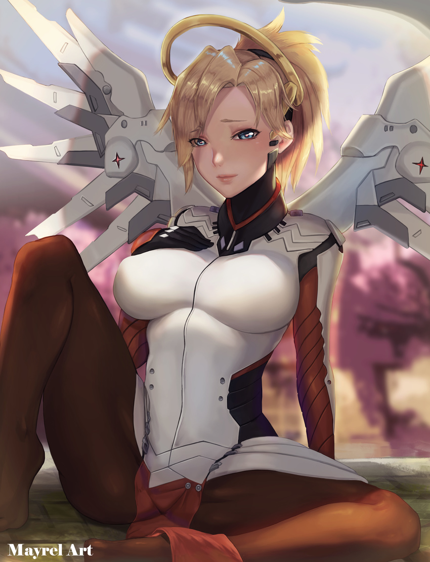 absurdres arm_support artist_name blonde_hair blue_eyes blurry blurry_background bodysuit breasts brown_legwear cherry_blossoms eyes_visible_through_hair faulds hand_on_own_chest high_ponytail highres large_breasts leaning_back leg_up light_smile looking_at_viewer mayrel md5_mismatch mechanical_halo mechanical_wings mercy_(overwatch) no_shoes outdoors overwatch pantyhose pelvic_curtain signature sitting solo spread_legs wings